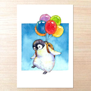 コウテイペンギンとふわふわ風船ポストカード