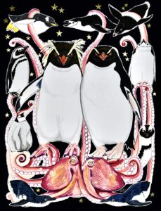 タイトル「キタとミナミ」アクリル絵具を使用したオリジナル原画です。キタイワトビペンギンとミナミイワトビペンギンがモチーフです。